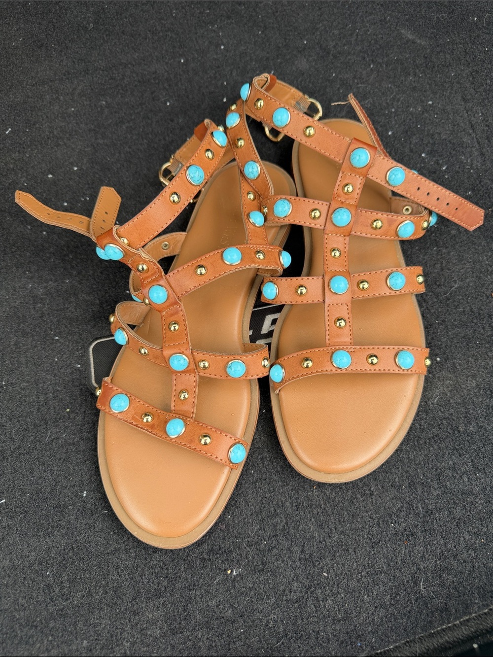 Nine West Tan Gladiator Sandals with Turquoise Studs